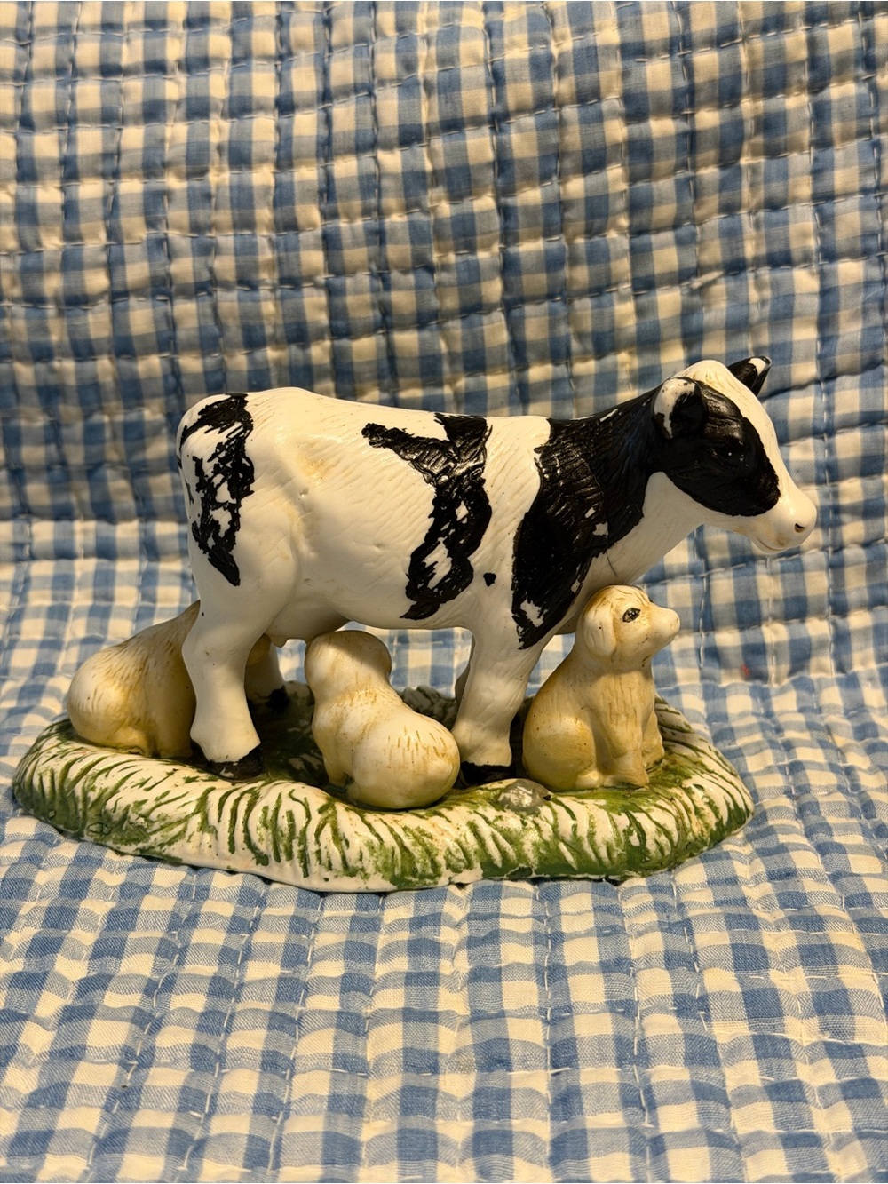 Black & White Cow and Calf Figurine on Base, Approx 6in Long x 5in Tall